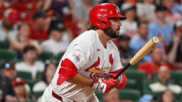 Aug 26, 2026; St. Louis, Missouri, USA; St. Louis Cardinals first baseman Alec Burleson (41) hits a two run single against the Baltimore Orioles during the fifth inning at Busch Stadium. Mandatory Credit: Jeff Curry-Imagn Images