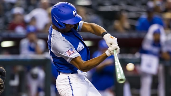 East infielder Arjun Nimmala (22) during the Perfect Game All-American Classic high school baseball game at Chase Field in Phoenix on Aug. 28,, 2022.