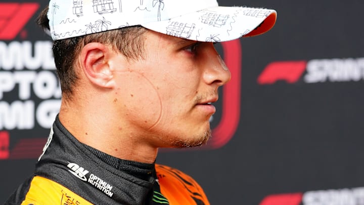 May 3, 2024; Miami Gardens, Florida, USA; McLaren driver Lando Norris (4) talks with the media after