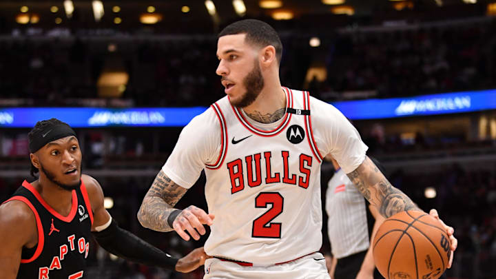 Feb 28, 2025; Chicago, Illinois, USA; Chicago Bulls guard Lonzo Ball (2) controls the ball during a game against the Toronto Raptors at the United Center. Mandatory Credit: Patrick Gorski-Imagn Images