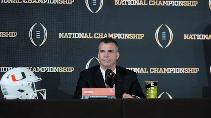 Jan 18, 2026; Miami, FL, USA; Miami Hurricanes coach Mario Cristobal at the CFP head coaches press conference at JW Marriott Marquis Miami. Mandatory Credit: Kirby Lee-Imagn Images Jan 18, 2026; Miami, FL, USA; Miami Hurricanes coach Mario Cristobal at the CFP head coaches press conference at JW Marriott Marquis Miami. Mandatory Credit: Kirby Lee-Imagn Images
