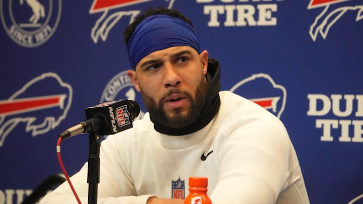Buffalo Bills safety Micah Hyde speaks at a press conference after a 2024 AFC wild card game at Highmark Stadium.