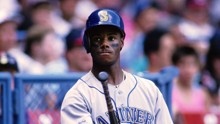 Seattle Mariners rookie center fielder Ken Griffey Jr. waits on deck during the 1989 season.