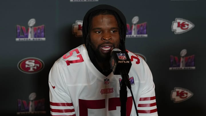 Feb 8, 2024; Las Vegas, NV, USA; San Francisco 49ers linebacker Dre Greenlaw (57) during a press conference before Super Bowl LVIII at Hilton Lake Las Vegas Resort and Spa. Mandatory Credit: Kyle Terada-Imagn Images