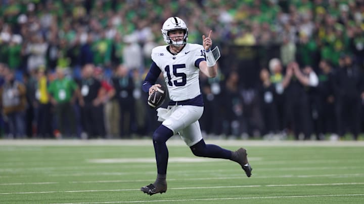 Penn State Nittany Lions quarterback Drew Allar throws downfield during the first quarter against the Oregon Ducks in the 2024 Big Ten Championship game at Lucas Oil Stadium. 