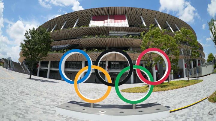 Jul 29, 2021; Tokyo, Japan; A general overall view of the Olympic rings outside of New National Stadium, the venue for track and field and opening and closing ceremonies during the Tokyo 2020 Olympic Summer Games.
