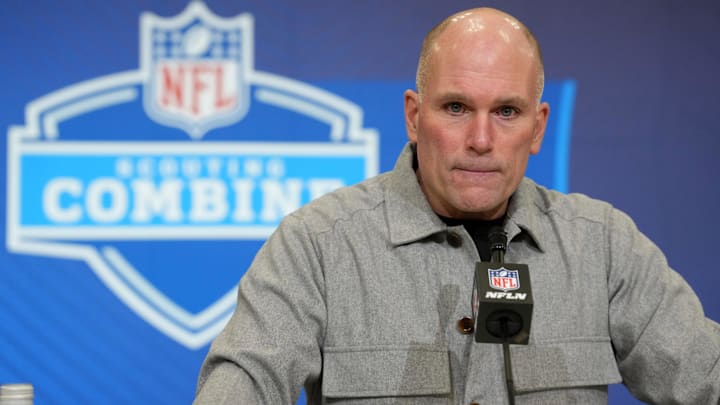 Feb 24, 2026; Indianapolis, IN, USA; Baltimore Ravens general manager Eric DeCosta speaks at the NFL Scouting Combine at the Indiana Convention Center. Mandatory Credit: Kirby Lee-Imagn Images