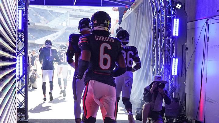 Oct 6, 2024; Chicago, Illinois, USA; Chicago Bears cornerback Kyler Gordon (6) walks through the tunnel during warmups before the game against the Carolina Panthers at Soldier Field. Mandatory Credit: David Banks-Imagn Images