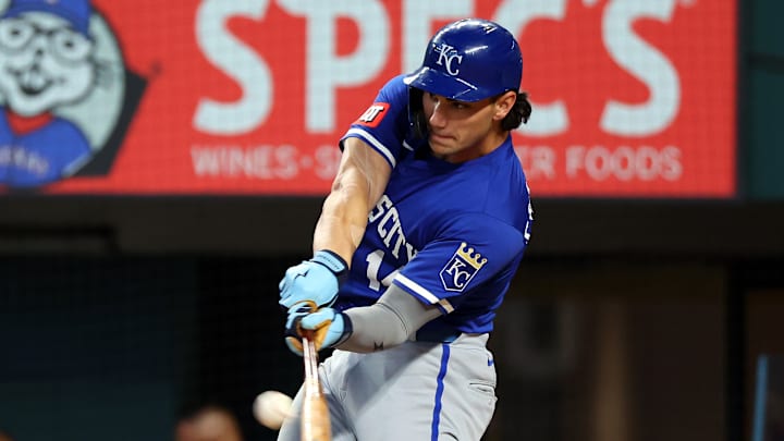 Jac Caglianone takes a swing at a pitch vs the Texas Rangers