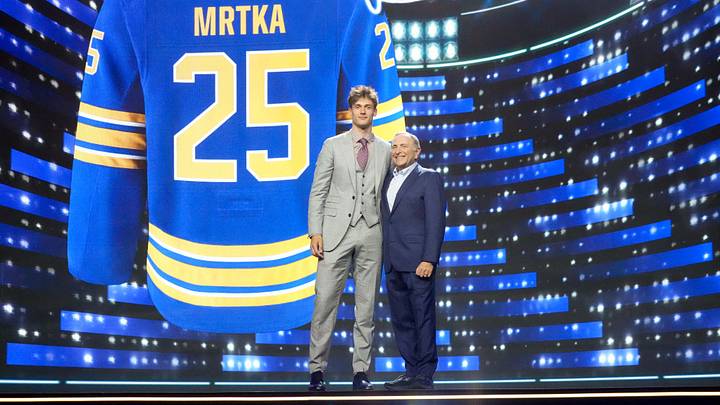 Jun 27, 2025; Los Angeles, California, USA; Radim Mrtka is selected as the ninth overall pick to the Buffalo Sabres in the first round of the 2025 NHL Draft at Peacock Theater. Mandatory Credit: Kirby Lee-Imagn Images