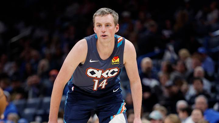 Mar 27, 2026; Oklahoma City, Oklahoma, USA; Oklahoma City Thunder forward Payton Sandfort (14) stands on the court after checking into the game against the Chicago Bulls during the second half at Paycom Center. Mandatory Credit: Alonzo Adams-Imagn Images Mar 27, 2026; Oklahoma City, Oklahoma, USA; Oklahoma City Thunder forward Payton Sandfort (14) stands on the court after checking into the game against the Chicago Bulls during the second half at Paycom Center. Mandatory Credit: Alonzo Adams-Imagn Images
