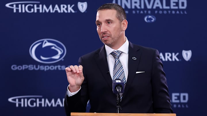 Dec 8, 2025; University Park, PA, USA; Matt Campbell is announced as the Penn State Nittany Lions new head coach during a press conference at the Beaver Stadium Press Room. Mandatory Credit: Matthew O'Haren-Imagn Images