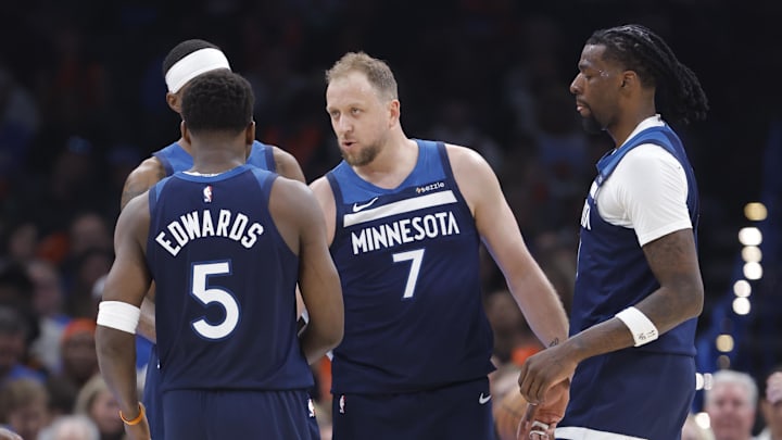 Feb 24, 2025; Oklahoma City, Oklahoma, USA; Minnesota Timberwolves guard Joe Ingles (7) talks to his team during a break in play against the Oklahoma City Thunder during the second quarter at Paycom Center. Mandatory Credit: Alonzo Adams-Imagn Images