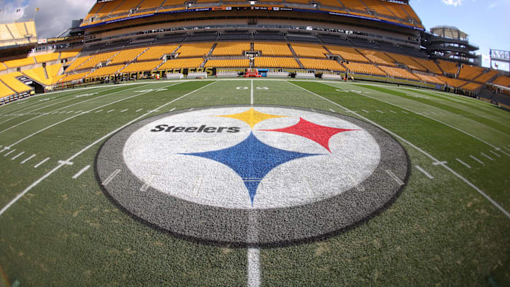 Nov 16, 2025; Pittsburgh, Pennsylvania, USA; Steelers logo at mid-field before the Pittsburgh Steelers host the Cincinnati Bengals at Acrisure Stadium. Mandatory Credit: Charles LeClaire-Imagn Images
