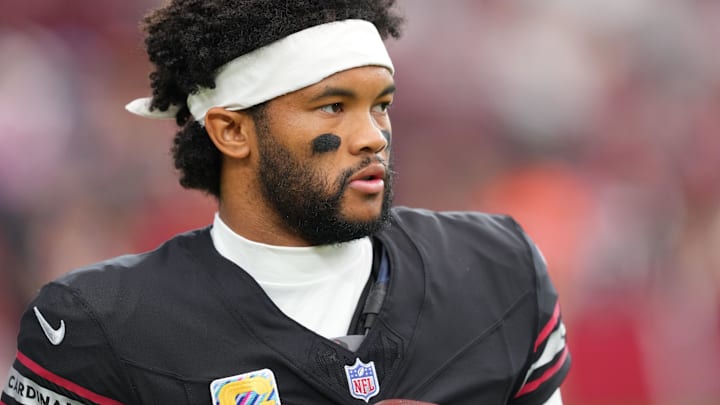 Oct 5, 2025; Glendale, Arizona, USA; Arizona Cardinals quarterback Kyler Murray (1) warms up before their game against the Tennessee Titans at State Farm Stadium. Mandatory Credit: Joe Camporeale-Imagn Images