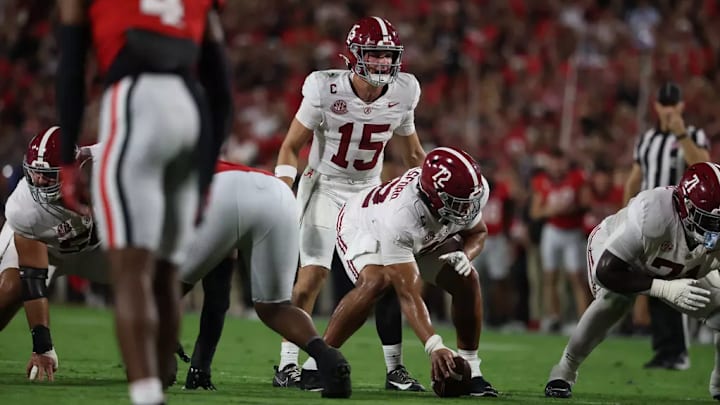 Alabama Quarterback Ty Simpson (15) calling an audible against Georgia at Sanford Stadium in Athens, GA on Saturday, Sep 27, 2025. Alabama Quarterback Ty Simpson (15) calling an audible against Georgia at Sanford Stadium in Athens, GA on Saturday, Sep 27, 2025.