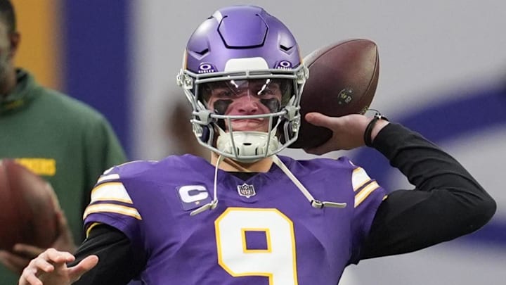 Jan 4, 2026; Minneapolis, Minnesota, USA; Minnesota Vikings quarterback J.J. McCarthy (9) warms up prior to the game against the Green Bay Packers at U.S. Bank Stadium. Mandatory Credit: Matt Blewett-Imagn Images