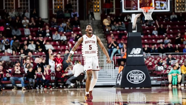 Sophomore guard, Fred Payne (5) celebrates a 19-point comeback against the Miami Hurricanes on Wednesday from Conte Forum. Mandatory Credit: Eddie Shabomardenly / Boston College Athletics
