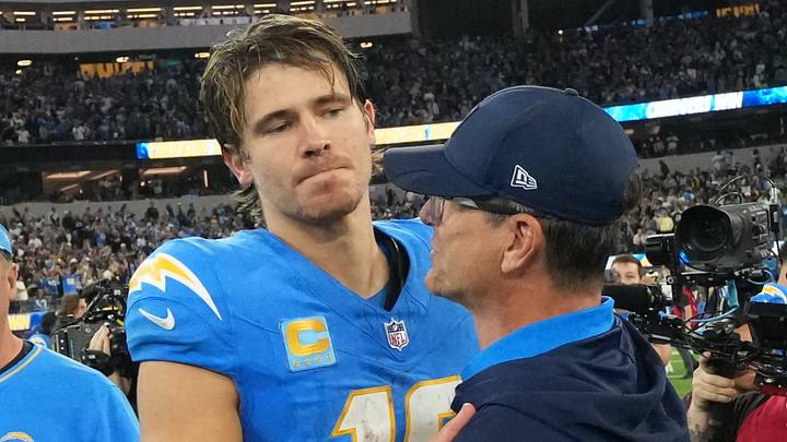 Los Angeles Chargers quarterback Justin Herbert (10) and head coach Jim Harbaugh Los Angeles Chargers quarterback Justin Herbert (10) and head coach Jim Harbaugh