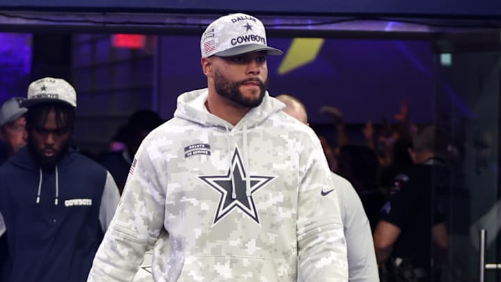 Nov 10, 2024; Arlington, Texas, USA; Dallas Cowboys quarterback Dak Prescott (4) walks on to the field before the game against the Philadelphia Eagles.