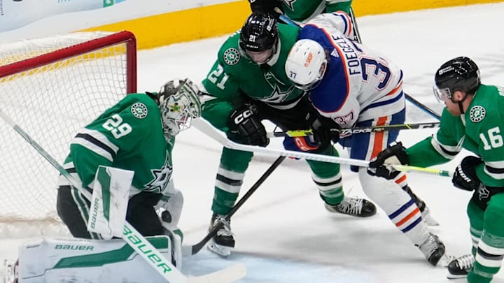 Feb 17, 2024; Dallas, Texas, USA; Dallas Stars goaltender Jake Oettinger (29) makes a save against the Edmonton Oilers during the third period at American Airlines Center. Mandatory Credit: Chris Jones-USA TODAY Sports