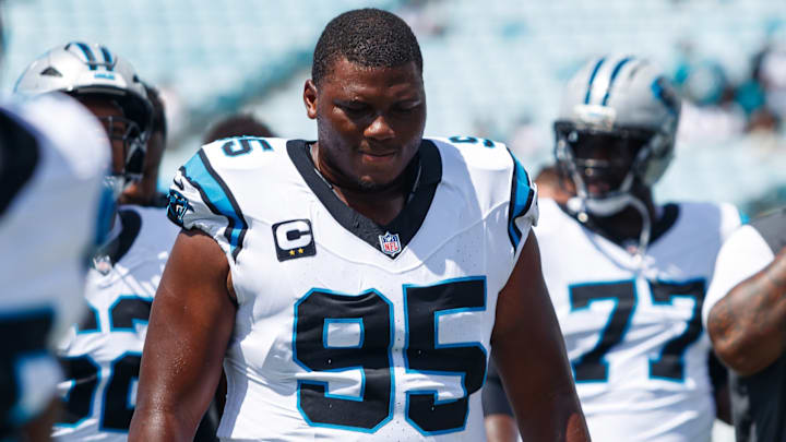 Sep 7, 2025; Jacksonville, Florida, USA; Carolina Panthers defensive end Derrick Brown (95) against the Jacksonville Jaguars at EverBank Stadium. 