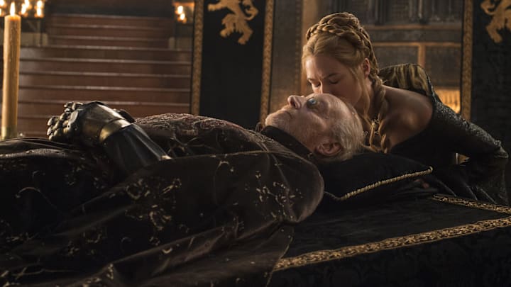 Charles Dance (Tywin Lanniser) and Lena Headey (Cersei Lannister) in Game of Thrones season 5 Episode 1, "The Wars to Come"
