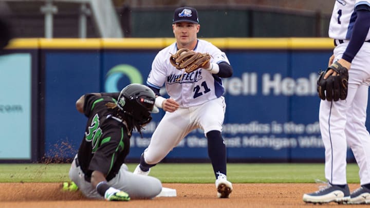 Whitecaps shortstop Kevin McGonigle catches the ball to force the out on Friday, April, 4, at LMCU Ballpark.