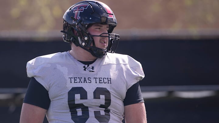 Texas Tech's Dylan Shaw pauses during a drill at a spring football practice, Thursday, March 21, 2024, at Sports Performance Center.