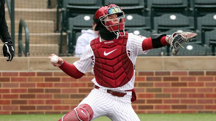 Sooner catcher Easton Carmichael throws as the University of Oklahoma Sooners (OU) baseball team plays Rider at L. Dale Mitchell Park on Feb. 24, 2023 in Norman, Okla.  [Steve Sisney/For The Oklahoman]

Ou Practice