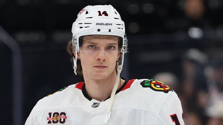 Mar 1, 2026; Salt Lake City, Utah, USA; Chicago Blackhawks defenseman Kevin Korchinski (14) warms up before a game against the Utah Mammoth at Delta Center. Mandatory Credit: Rob Gray-Imagn Images