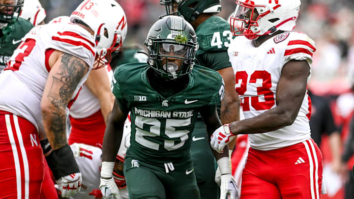 Michigan State's Chance Rucker celebrates after a defensive stop against Nebraska during the third quarter on Saturday, Nov. 4, 2023, at Spartan Stadium in East Lansing.