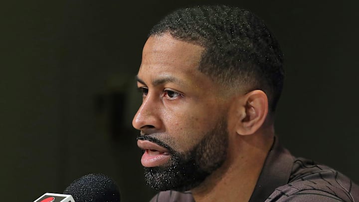 Cleveland Browns general manager Andrew Berry responds to questions during Watson's introductory press conference at the Cleveland Browns Training Facility on March 25, 2022.