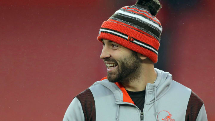 Browns quarterback Baker Mayfield laughs as he watches his teammates warm up before a game against the Cincinnati Bengals, Sunday, Jan. 9, 2022, in Cleveland.
Baker Pregame 2 Browns quarterback Baker Mayfield laughs as he watches his teammates warm up before a game against the Cincinnati Bengals, Sunday, Jan. 9, 2022, in Cleveland.
Baker Pregame 2
