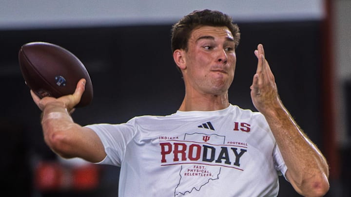 Fernando Mendoza participates in Indiana University's Pro Day at Mellencamp Pavilion on Wednesday, April 1, 2026.