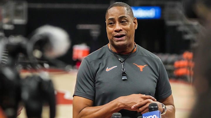 Texas men's basketball head coach Rodney Terry answers question from the news media on Tuesday, Oct. 1, 2024 after a practice session that was held at the Moody Center. Sports writers got their first glimpse of the 2024-25 team at this event. Texas men's basketball head coach Rodney Terry answers question from the news media on Tuesday, Oct. 1, 2024 after a practice session that was held at the Moody Center. Sports writers got their first glimpse of the 2024-25 team at this event.