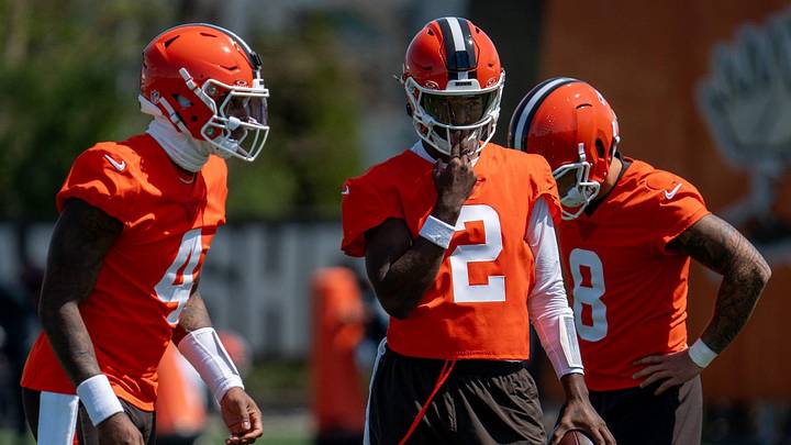 Quarterbacks Deshaun Watson, Shedeur Sanders and Dillon Gabriel practice together at the Browns mini camp in Berea on April 21, 2026. Quarterbacks Deshaun Watson, Shedeur Sanders and Dillon Gabriel practice together at the Browns mini camp in Berea on April 21, 2026.