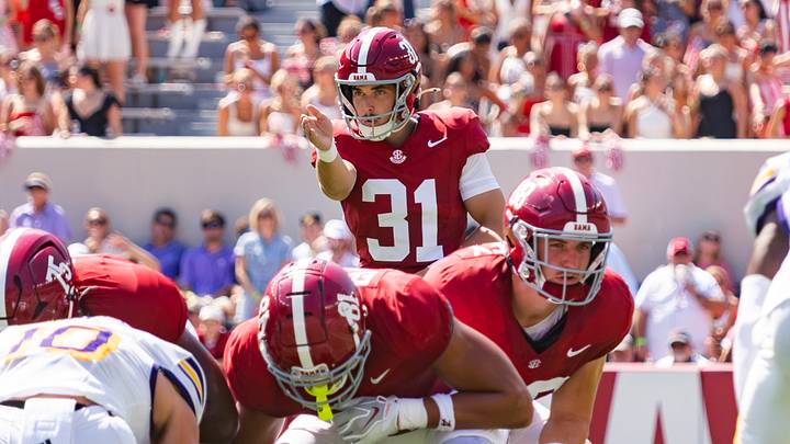 Alabama Kicker Conor Talty prepares to kick a field goal in the first half of the game against ECU on Sept 5, 2026. Alabama Kicker Conor Talty prepares to kick a field goal in the first half of the game against ECU on Sept 5, 2026.