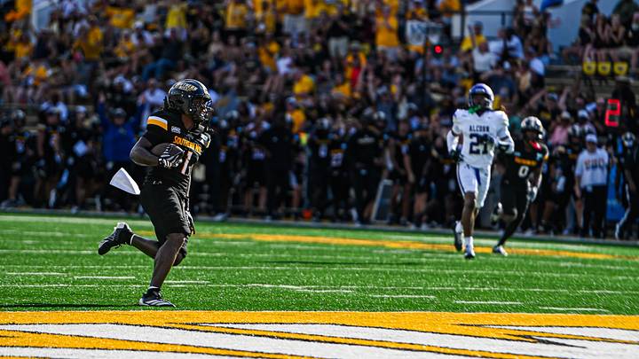 Southern Miss WR Mario Sanders finishes off a 38-yard pass for a touchdown during the Golden Eagles' 49-3 win over Alcorn State on Saturday, Sept. 5, 2026, at Renasant Stadium in Hattiesburg, Miss. Southern Miss WR Mario Sanders finishes off a 38-yard pass for a touchdown during the Golden Eagles' 49-3 win over Alcorn State on Saturday, Sept. 5, 2026, at Renasant Stadium in Hattiesburg, Miss.