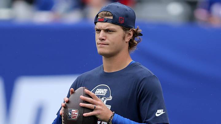 Oct 4, 2026; East Rutherford, New Jersey, USA; New York Giants quarterback J.J. McCarthy (18) warms up before a game against the Arizona Cardinals at MetLife Stadium.  