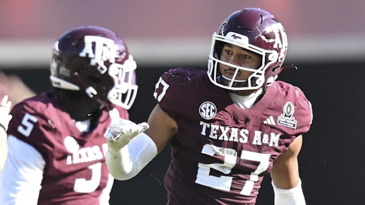 Texas A&M Aggies linebacker Daymion Sanford reacts after recovering a fumble against the Miami Hurricanes