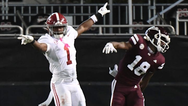 Alabama's Kool-Aid McKinstry breaks up a pass intended for Mississippi State receiver Jordan Mosley,