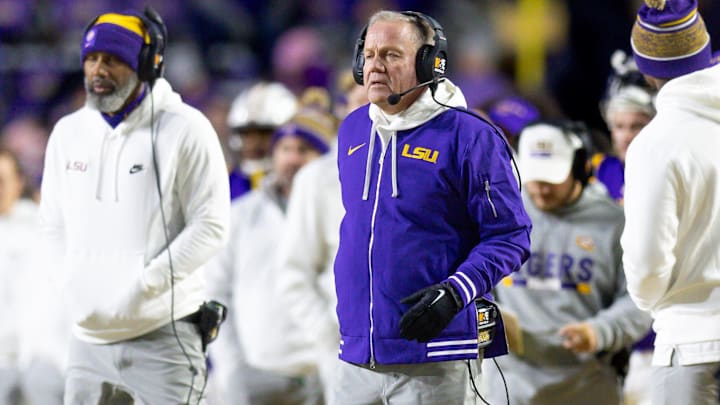 Nov 30, 2024; Baton Rouge, Louisiana, USA;  LSU Tigers head coach Brian Kelly looks on against the Oklahoma Sooners during the fourth quarter at Tiger Stadium. Mandatory Credit: Stephen Lew-Imagn Images