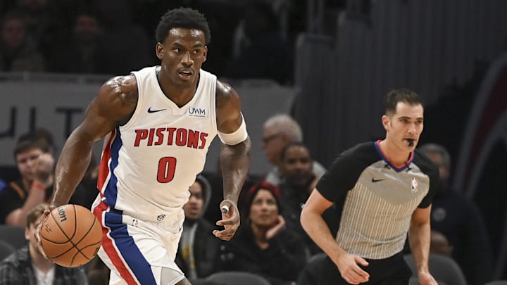 Jan 15, 2024; Washington, District of Columbia, USA;  Detroit Pistons center Jalen Duren (0) dribbles during the game on Martin Luther King Jr. Day against the Washington Wizards at Capital One Arena. Mandatory Credit: Tommy Gilligan-Imagn Images
