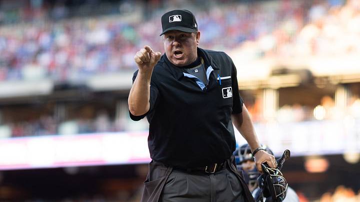 May 31, 2024; Philadelphia, Pennsylvania, USA; Home plate umpire Doug Eddings (88) gives a warning to the St. Louis Cardinals bench during the third inning against the Philadelphia Phillies at Citizens Bank Park. Mandatory Credit: Bill Streicher-USA TODAY Sports