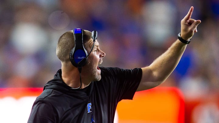 Florida Gators head coach Billy Napier yells at his offense during the second half at Ben Hill Griffin Stadium in Gainesville, FL on Saturday, September 7, 2024 against the Samford Bulldogs. The Florida Gators won 45-7 over the Bulldogs. [Doug Engle/Gainesville Sun]