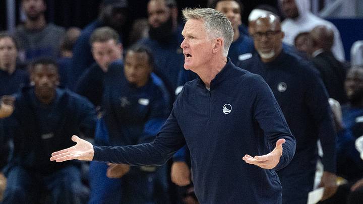 Oct 23, 2026; San Francisco, California, USA;  Golden State Warriors head coach Steve Kerr complains to an official about a non-call against the Memphis Grizzlies during the second quarter at Chase Center.  Mandatory Credit: D. Ross Cameron-Imagn Images