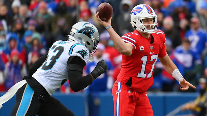 Buffalo Bills quarterback Josh Allen passes the ball against the Carolina Panthers. Buffalo Bills quarterback Josh Allen passes the ball against the Carolina Panthers.