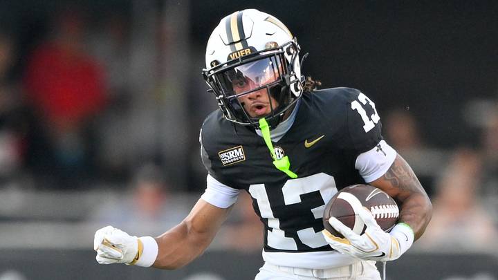 Sep 5, 2026; Nashville, Tennessee, USA; Vanderbilt Commodores wide receiver Kayleb Barnett (13) runs after the catch against the Austin Peay Governors during the first half at FirstBank Stadium. Mandatory Credit: Steve Roberts-Imagn Images Sep 5, 2026; Nashville, Tennessee, USA; Vanderbilt Commodores wide receiver Kayleb Barnett (13) runs after the catch against the Austin Peay Governors during the first half at FirstBank Stadium. Mandatory Credit: Steve Roberts-Imagn Images