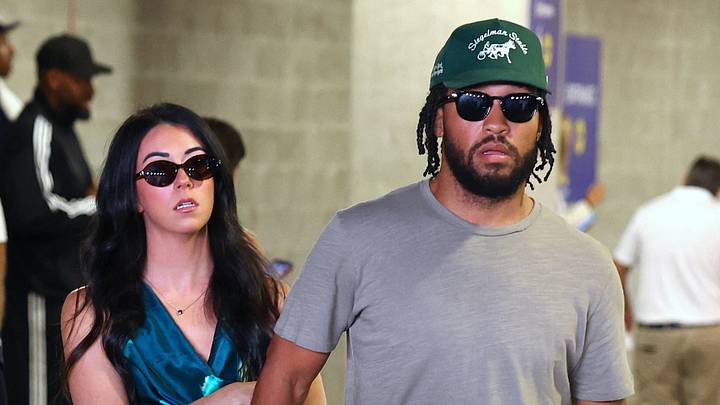 Jalen Brunson and wife Ali Marks arrive at an event. Jalen Brunson and wife Ali Marks arrive at an event.